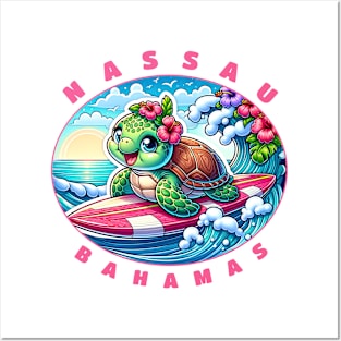 Nassau Bahamas Girls Cute Surfing Sea Turtle Posters and Art